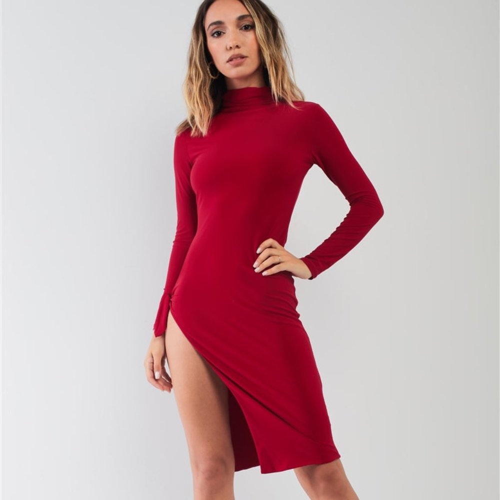 Womens Passion Red Turtle Neck Long Sleeve Super Deep Side Slit Tie Midi Dress